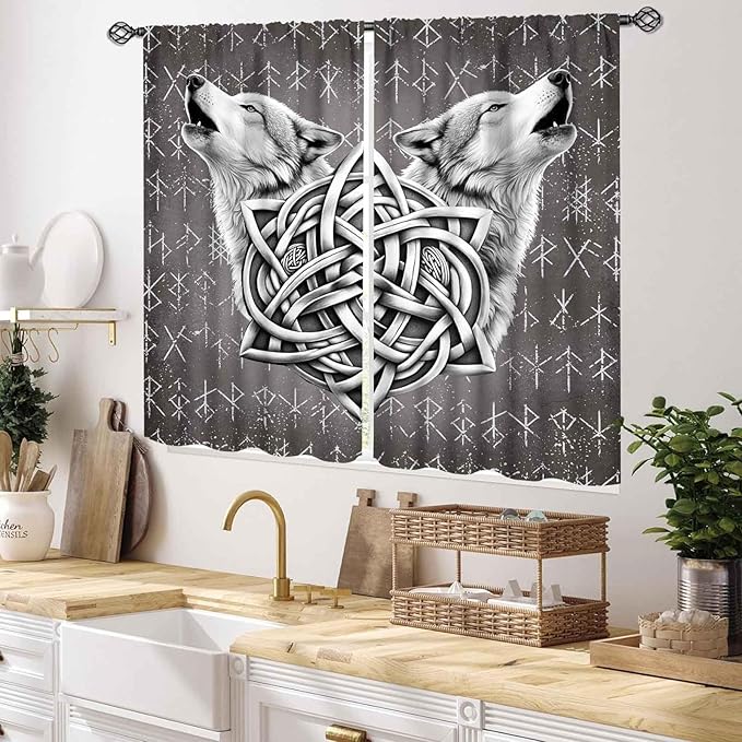 Viking Curtains, Gothic Nordic Wolf Celtic Rune Scandinavian Viking Runes Norse Mythology Aesthetic Retro Drapery for Bedroom Living Room Bathroom Window 2 Panel Set, 55x39 Inch