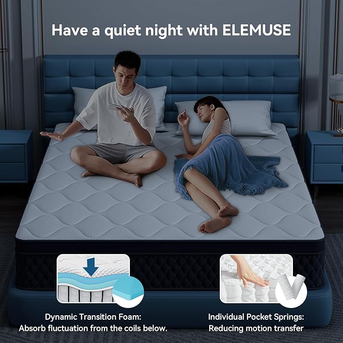 ELEMUSE 12 Inch Queen Mattress in a Box, Memory Foam Hybrid Mattress with Individually Pocketed Springs for Isolate Motion, Pressure Relief, CertiPUR-US Certified