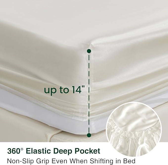 Love's cabin Satin Queen Sheets Set - 4 Piece Ivory Silky Bed Sheets with Deep Pocket, Luxury Silk Feel Satin Queen Size Sheet Set (1 Flat Sheet,1 Fitted Sheet,2 Pillow Cases)
