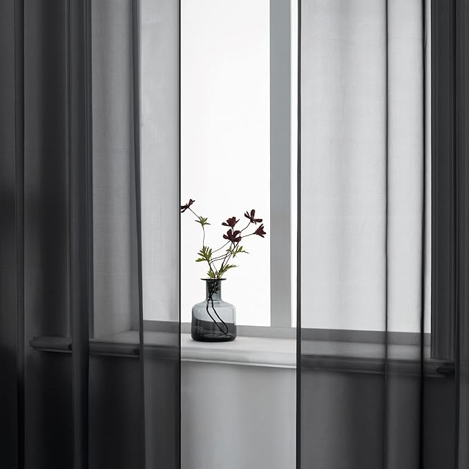 DUALIFE Black Sheer Curtains 45 Inch Length for Basement Windows Set of 2 Panels Grommet Semi Translucent Short Curtains for Small Windows Kitchen Bedroom Bathroom 52x45 Inches Long