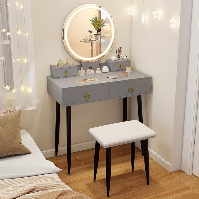 CHARMAID Vanity Desk with Mirror and Lights, Makeup Vanity with 4 Storage Drawers, 3 Lighting Modes, Adjustable Brightness, Modern Vanity Dressing Table with Stool for Bedroom, Gray & Black