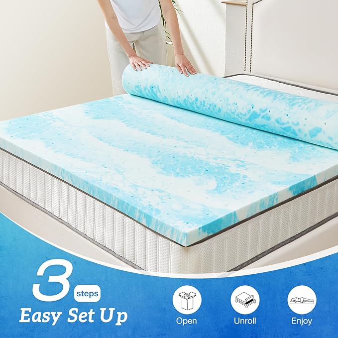 Sweetcrispy Memory Foam Mattress Topper Twin, 2 Inch Thick Gel Infused Cooling Toppers Pad for Twin Size Bed, Sleeper Sofa, RV, Camper, CertiPUR US Certified, Ventilated and Breathable, Blue