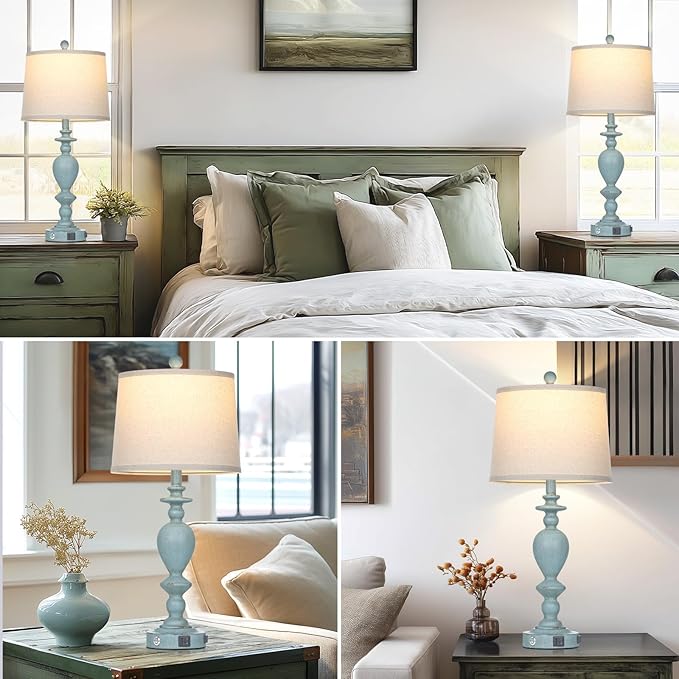 27.5" Coastal Table Lamp for Living Room Set of 2,Retro Blue Bedside Nightstand Lamps with USB C+A Ports & AC Outlet,3-Way Dimmable Touch Control Desk Lamp for Bedroom