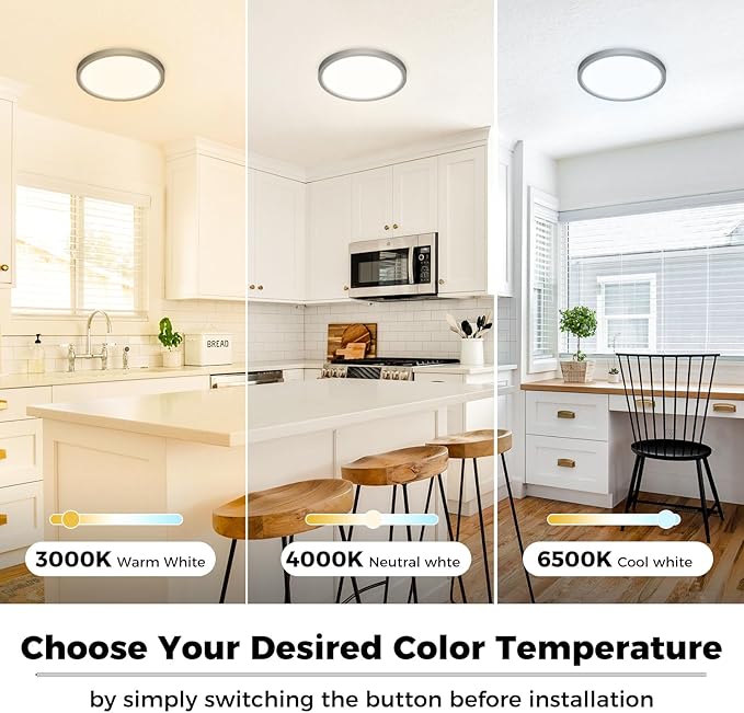 zemty 6Pack LED Ceiling Light Fixture 6.5 Inch, 12W 1200lm Ceiling Mount Light Fixtures, Adjustable 3000K 4000K 6500K, Round Flat Ceiling Lamp for Bathroom Closet Hallway Laundry (Black)