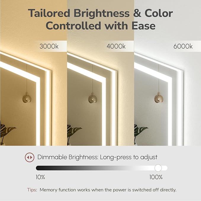 USHOWER LED Bathroom Mirror 28x36 Inch with Lights - Frameless Tempered Glass LED Backlit Lighted Mirror for Bathroom Vanity with Anti-Fog, 3 Colors Dimmable, Memory Function, Wall-Mounted