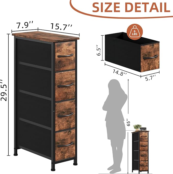 Somdot Narrow Dresser with 4 Drawers, Slim Storage Organizer Chest of Drawers with Removable Fabric Drawers for Small Spaces Bathroom Closet Bedroom Laundry, Wood Grain Print