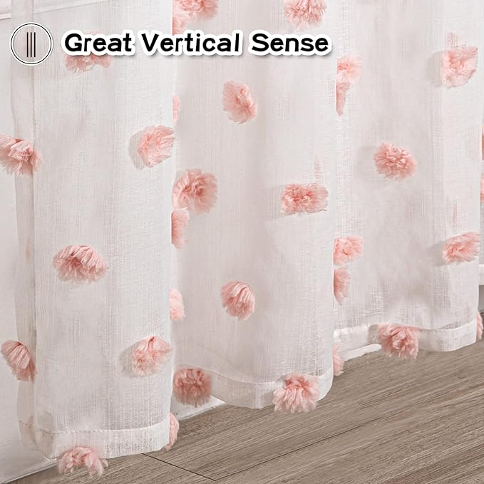 MYSKY HOME 45 Inches Long Pink Curtains for Kitchen Pom Pom White Sheer Curtains for Bedroom Living Room Nursery Girls Room Rod Pocket Boho Small Window Panels of 2 Drapes 37 x 45 inch Length