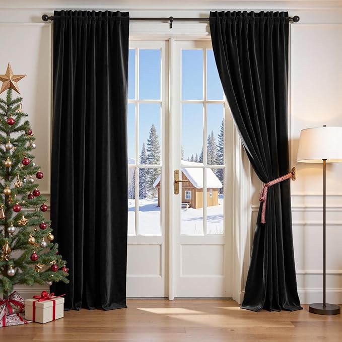 Lazzzy Velvet Blackout Curtains Thermal Insulated Room Window Drapes Super Soft Luxury Curtains for Living Room Bedroom Rod Pocket 2 Panels, Black, 42" W x 96" L