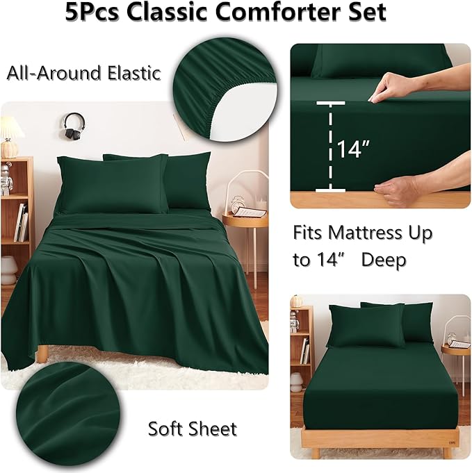 CozyLux Twin XL Comforter Set Emerald Green - 5 Pieces Twin Extra Long Bed in a Bag for College Dorm, All Season Bedding Set for Girls and Boys, Soft Bed Set with Comforter, Sheets, Pillowcase & Sham