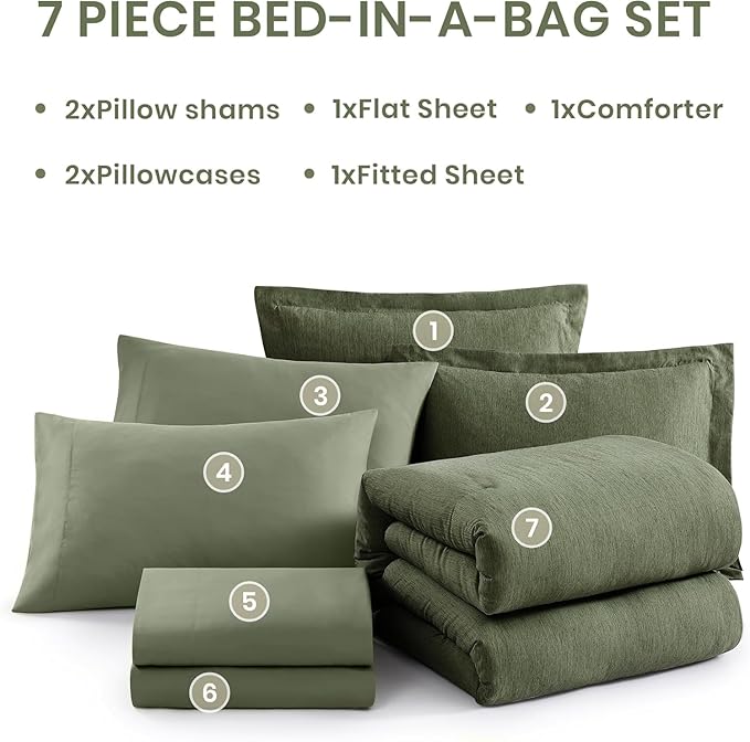 Monbix California King Comforter Set - 7 Pieces Cationic Dyeing Olive Green Bed in a Bag Cal King Bedding Sets with Comforter, Sheets, Pillowcases & Shams, Reversible Bedding Comforters Sets(108 * 92)