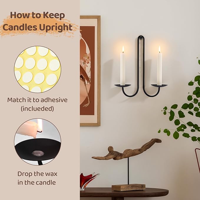 Wall Candle Holder Set of Two, Metal Black Candle Sconces Wall Decor, Hanging Candle Holder Fits Taper Candle/LED Tea Lights, Wedding Housewarming Gifts for Farmhouse Living Room Fireplace