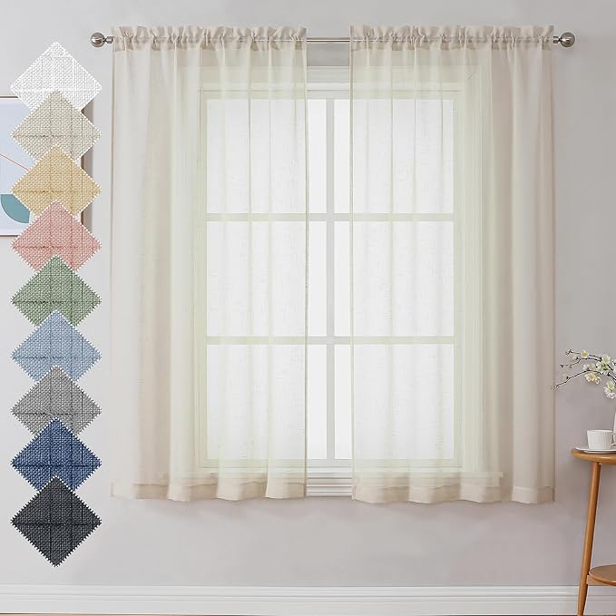 Aiyufeng Faux Linen Sheer Curtains 54 Inch Length 2 Panel Set, Fresh Farmhouse 54 Inch Long Sheer Linen Look Airy & Lightweight Elegant Window Treatments for Bedroom/Living Room/Kitchen, 30Wx54L inch