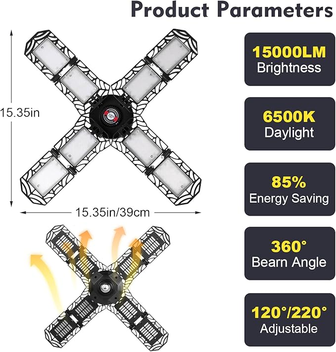 2 Pack LED Garage Light,Super Bright Screw in E26/E27 Ceiling Shop Work Lamp, 200W 20000 Lumen Deformable Basement Bulb Fixture with 8 Adjustable Panels