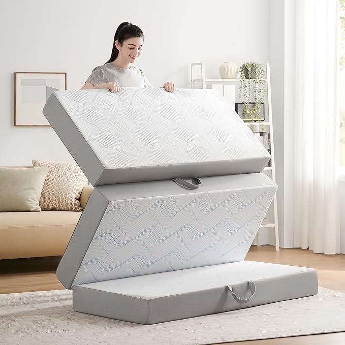 Foldable Mattress Full 3 inch -Portable White Memory Foam Folding Matress with Washable Cover for Camping Travel Guest Room Home Use-Non-Slip&Easy Storage