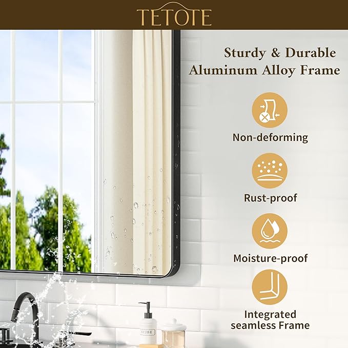 TETOTE 42 x 36 Black Bathroom Mirror Matte Black Metal Framed Vanity Mirror, Tempered Glass, Wall Mounted for Bathroom, Entryway, Bedroom, Living Room(Horizontal/Vertical)