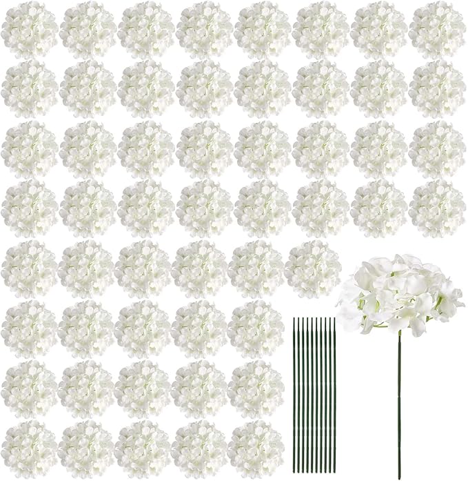 Auihiay 64 PCS Artificial Hydrangea Flowers, Silk Hydrangea Full Flowers Heads with Stems for Wedding Centerpieces, Home, Garden, Baby Shower, Party Decoration (Ivory)