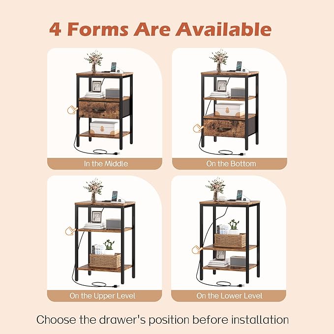 SUPERJARE Nightstand Set of 2, Bed Side Tables with Charging Station, Adjustable Fabric Drawer, Night Stand for Bedroom, 3-Tier Storage End Tables, for Living Room, Rustic Brown