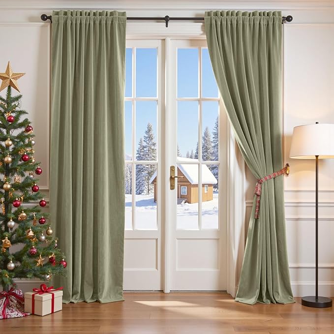 Lazzzy Velvet Blackout Curtains Thermal Insulated Room Window Drapes Super Soft Luxury Curtains for Living Room Bedroom Rod Pocket 2 Panels, Olive Sage, 52" W x 96" L
