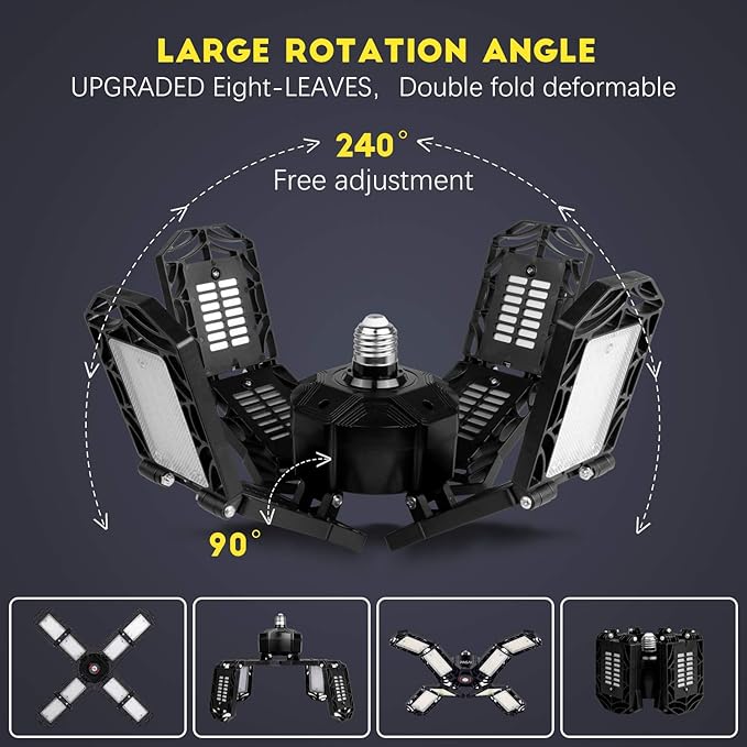 2 Pack LED Garage Light,Super Bright Screw in E26/E27 Ceiling Shop Work Lamp, 200W 20000 Lumen Deformable Basement Bulb Fixture with 8 Adjustable Panels