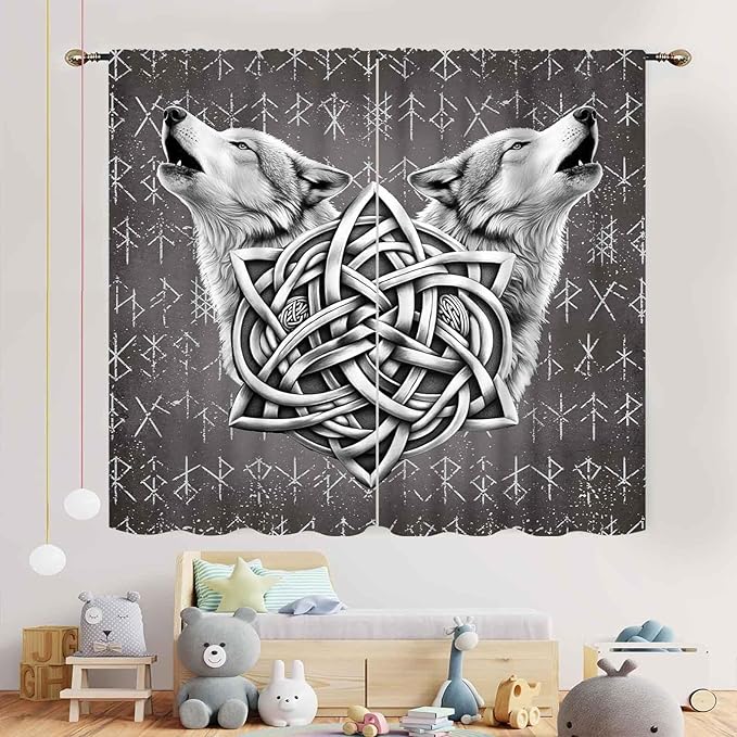 Viking Curtains, Gothic Nordic Wolf Celtic Rune Scandinavian Viking Runes Norse Mythology Aesthetic Retro Drapery for Bedroom Living Room Bathroom Window 2 Panel Set, 84"x84" Inch