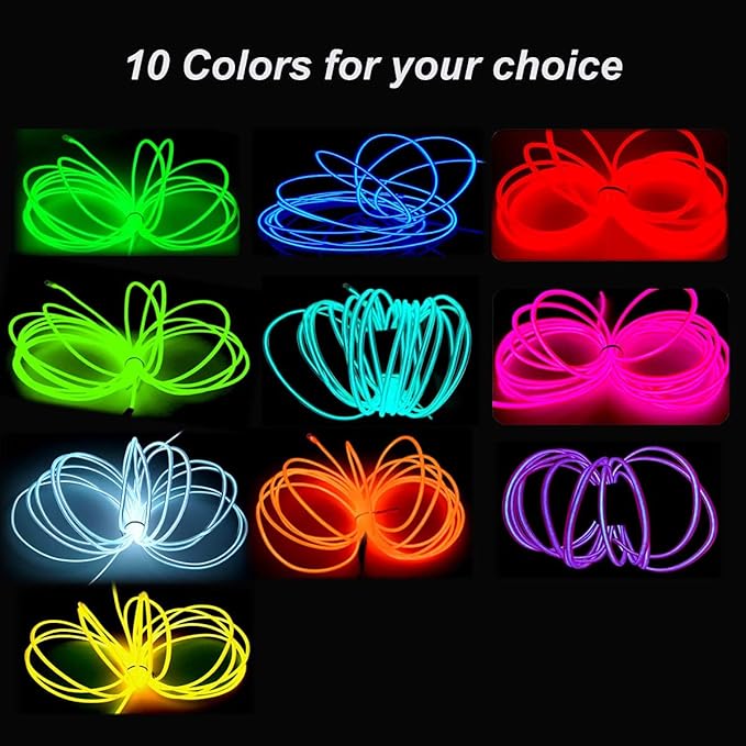 MaxLax EL Wire Ice Blue, 9.8ft/3m Portable Battery Pack Neon Light Strip 360° Cuttable Glowing Rope Lights for Parties, Halloween, DIY Decoration