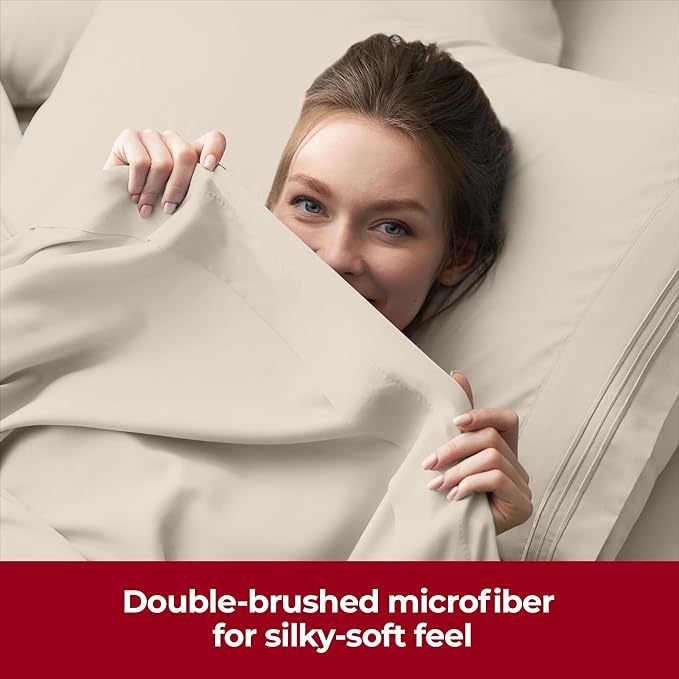 Mellanni Extra Deep Twin XL Sheets - 3 PC Iconic Collection Bedding - Hotel Luxury, Ultra Soft, Cooling Bed Sheets - Wrinkle, Fade, Stain Resistant (Twin Extra Long, Beige)