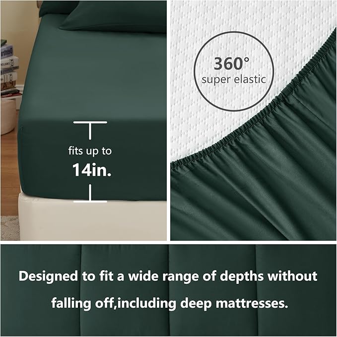 CozyLux Queen Comforter Set Forest Green, 7 Pieces Bed in a Bag, Green Comforter Queen Size, All Season Bedding Sets with Stitch Quilted Comforter, Flat Sheet, Fitted Sheet, Pillowcases