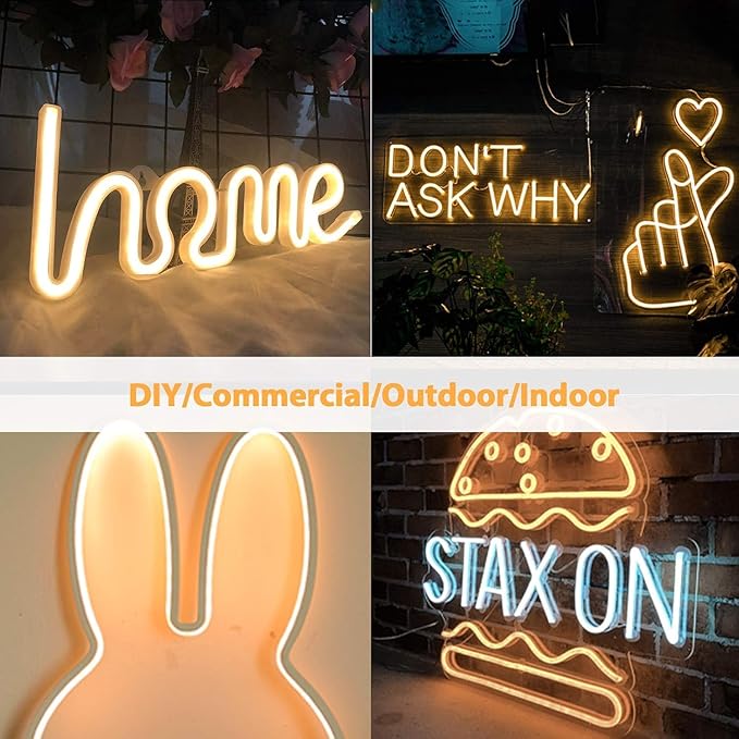 Lamomo Neon LED Rope Light 32.8Ft, Warm White LED Strip Lights 1.96in/Cut, 3000K Waterproof Flexible Silicone 24V Led Strip for DIY Neon Sign Bedroom Indoor Outdoor Decor（Power Adapter Included）