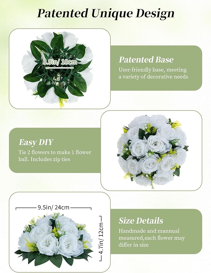 BLOSMON White Roses Artificial Flowers: 2 Pcs Fake Floral Balls Centerpiece for Wedding Table - Artificial Silk Kissing Bouquet Flower Arrangement for Home Party Event Decor