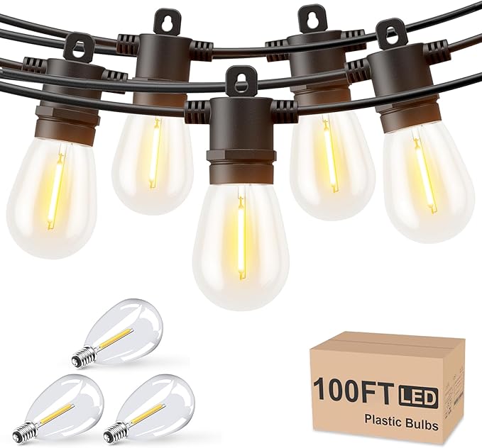 Svater Outdoor String Lights 100 FT, Patio for Outside with Shatterproof S14 Bulbs, Waterproof LED Hanging Light for Cafe Backyard Bistro Party, Warm White