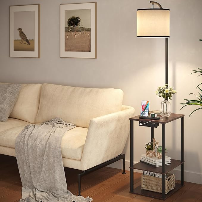 SUNMORY Floor Lamp with Table, End Table for Living Room with Lamp, Shelves Side Table with Charging Station(USB & AC Port), 3 Color Temperature LED Bulb, Modern Nightstand Lamp for Bedroom, Office