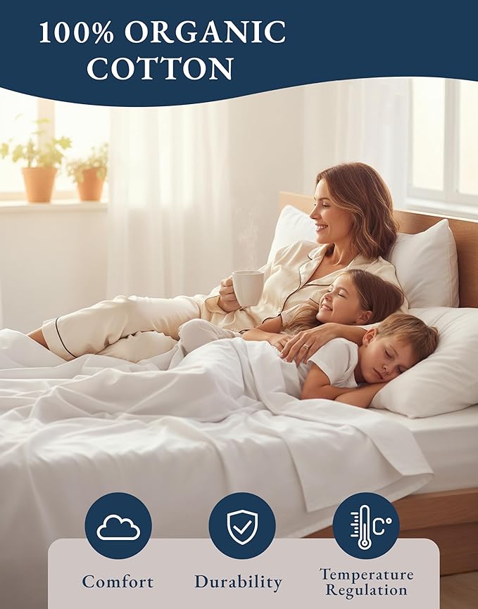 LANE LINEN 100% Organic Cotton King Size Sheets Set, Soft & Comfy All Season Breathable Sheets King Size, Percale Weave Fully Elasticized Eco Friendly Naturally Cooling King White Bed Sheets