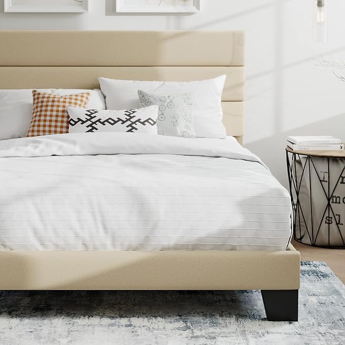 SHA CERLIN Queen Platform Bed Frame with Upholstered Fabric Headboard, Mattress Foundation with Strong Wooden Slats Support, No Box Spring Needed, Beige