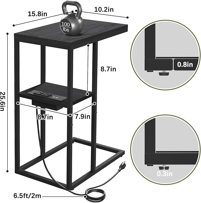 Yoobure LED C Shaped End Table with Charging Station, Small Side Tables for Living Room Bedroom, TV Tray Table with USB Ports and Outlets for Small Spaces, C Table for Couch Sofa, Bed Side Table