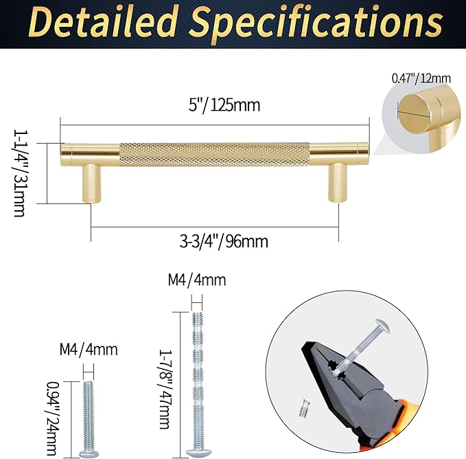 Knurled Cabinet Pulls 2 Pack, 5 Inch Long Cabinet Handles Metal Door Pulls, Kitchen Drawer Pull Knurled Dresser Handles - 3 3/4" Hole to Hole, Golden