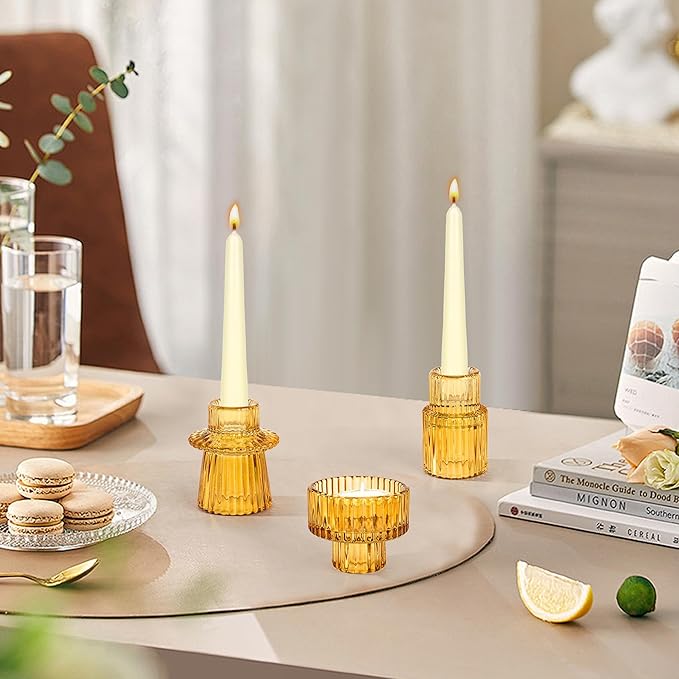 Taper Votive Candle Holder for Pillar Candles Tealight, Candlestick Holder for Wedding Christmas Tea Party, Boho Ribbed Vintage Crystal Glass Table Centerpiece Decor, Bulk Set of 6 (Amber)