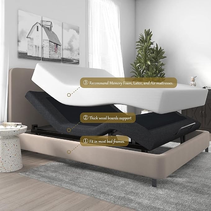 SHA CERLIN 14 Inch Twin XL Size Metal Adjustable Bed Base/Upholstered Bed Frame with Head and Foot Articulation Incline, Wireless Remote, Wood Board Support (Only Base)