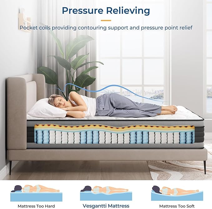Vesgantti King Mattress, 12 Inch Hybrid King Size Mattress in a Box, Memory Foam and Individually Pocket Spring, Innerspring Mattress for Pressure Relief and Supportive, Medium Firm