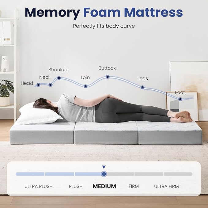 Foldable Mattress Full 6 inch -Portable White Memory Foam Folding Matress with Washable Cover for Camping Travel Guest Room Home Use-Non-Slip&Easy Storage