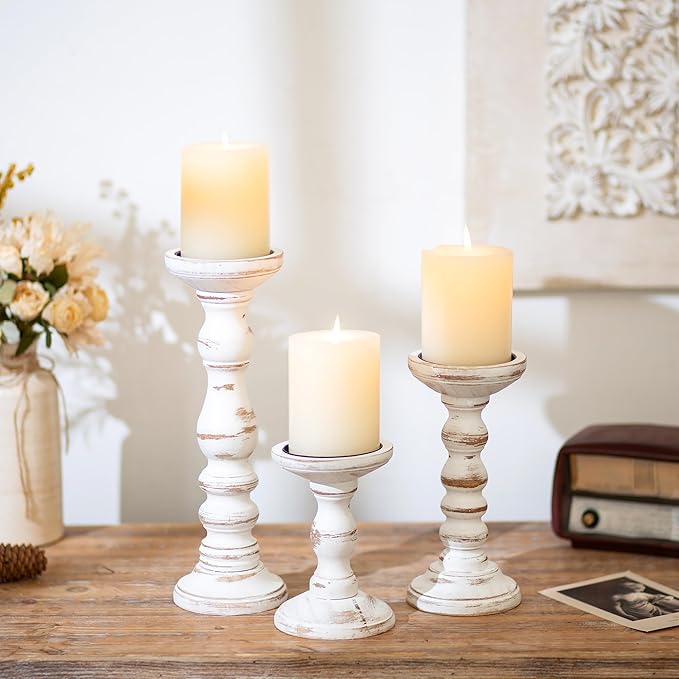 Romadedi Wood Candle Holders for Pillar Candles - Set of 3 Tall Farmhouse Wooden Candlestick Holder, Rustic Candle Stand for Fireplace Mantle Shelf Table Home Decor, Brown Whitewashed 6"/ 8.3"/11.8"