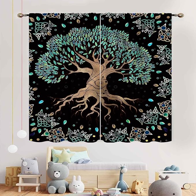 Tree of Life Curtains, Hippie Green Leaves Tree Life Vikings Celtic Nordic Aesthetic Mythology Window Drapery Treatments for Bedroom Living Room Bathroom 2 Panels, 42"x45" Inch