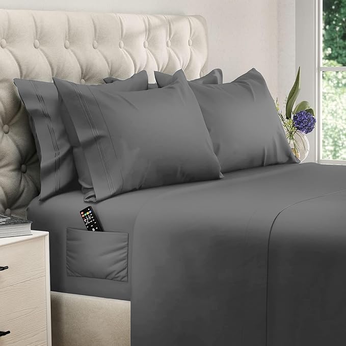 DREAMCARE California King Sheet Sets – 6 pcs Cooling Bed Sheets – up to 21” Deep Cal King Sheets – 2500 Supreme Collection – Extra Soft 100% Brushed Microfiber Hotel Luxury with Side Pocket – D Gray