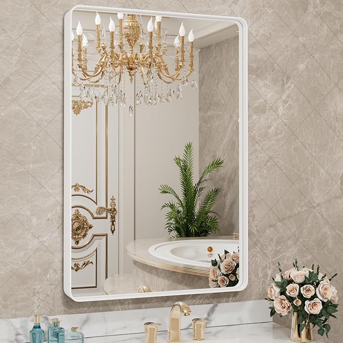 LOAAO 22x30 Inch White Metal Framed Bathroom Mirror for Wall, White Bathroom Vanity Mirror Farmhouse, Large Rounded Rectangle Mirror, Anti-Rust, Hangs Horizontally or Vertically