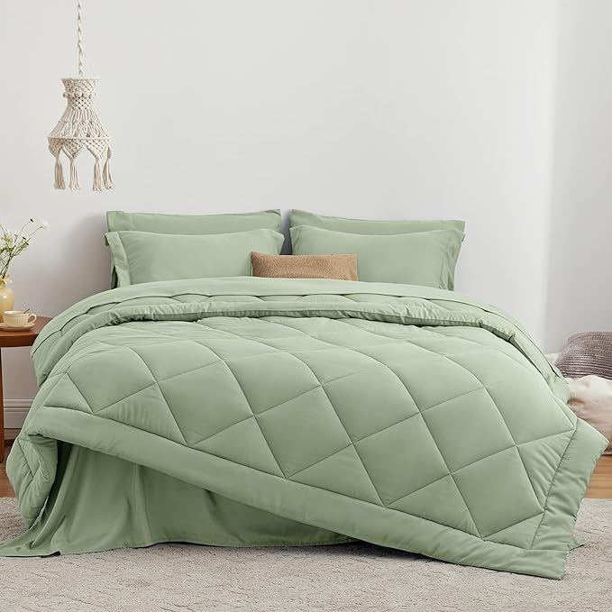 Love's cabin Queen Comforter Set Sage, 7 Pieces Queen Bed in a Bag, All Season Bedding Sets with 1 Comforter, 1 Flat Sheet, 1 Fitted Sheet, 2 Pillowcase and 2 Pillow Sham