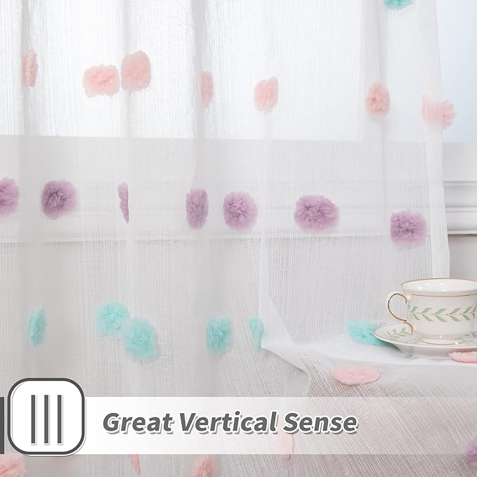 MYSKY HOME Pom Pom Curtains 84 Inch Length for Girls Bedroom 2 Panels Rainbow Curtains 84 Inch Long for Living Room Laundry Kids Nursery Rod Pocket Farmhouse Dining Room Window Drape 37" x 84"