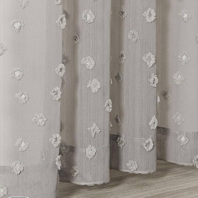 MYSKY HOME Grey Sheer Short Curtains with Pom Pom for Small Windows Bedroom Nursery Kids Girls Room Curtains Cafe Kitchen Light Filtering Boho Drapes, Rod Pocket,38 x 54 Inches, 2 Panels