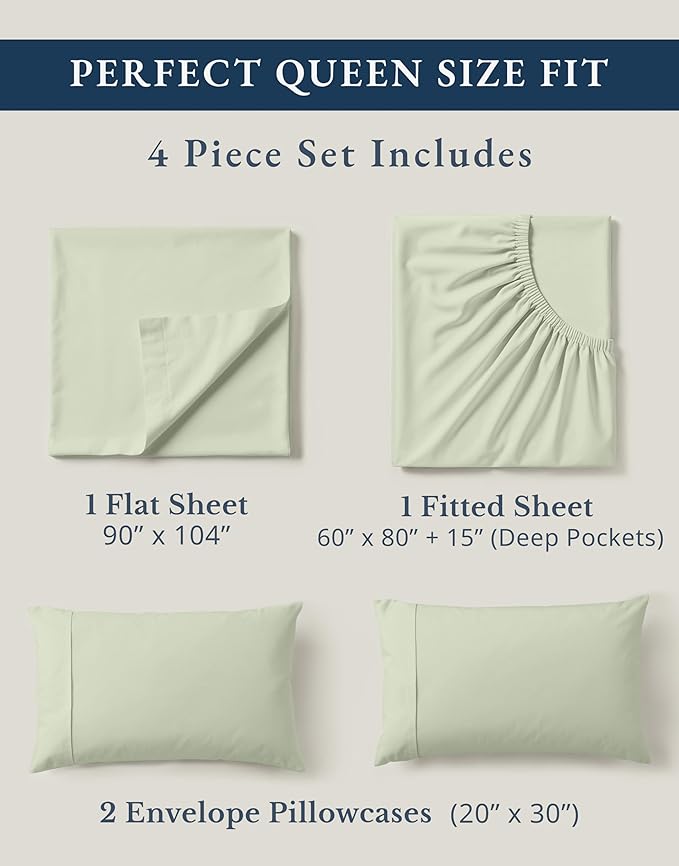 LANE LINEN 100% Organic Cotton Sheets Queen Size Bed Set, Machine Wash Eco Friendly Sustainably Produced Cotton Queen Sheet Set, Soft & Comfy Long Stabple Naturally Cooling Sheets– Mineral