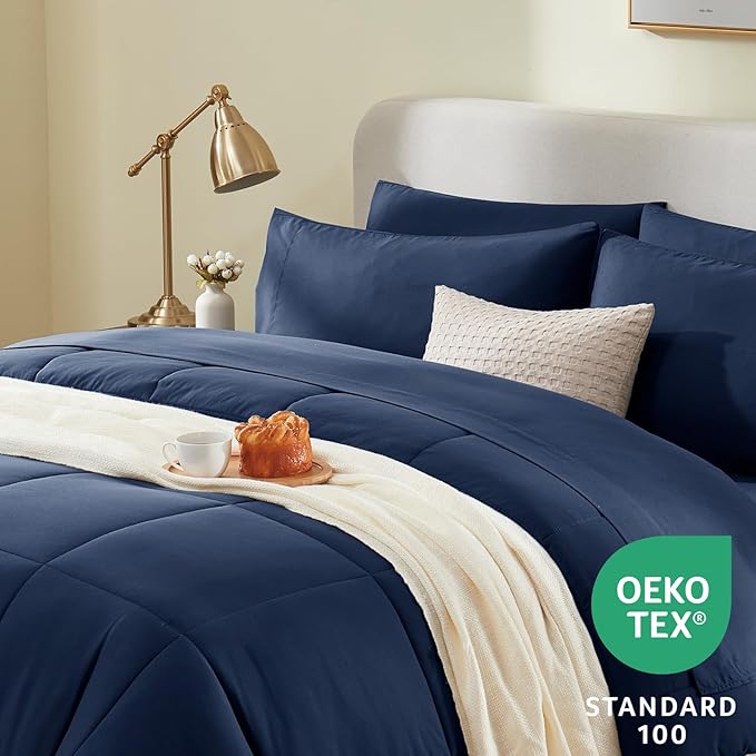 CozyLux King Size Comforter Set Navy Blue, 7 Pieces Bed in a Bag, Navy Blue Comforter King Size, All Season Bedding Sets with Stitch Quilted Comforter, Flat Sheet, Fitted Sheet, Pillowcases