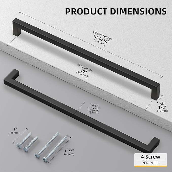 goldenwarm 45 Pack 10 Inch Black Cabinet Handles Matte Black Drawer Pulls Stainless Steel Cabinets Hardware Square Bar Modern for Kitchen Bathroom Cupboard