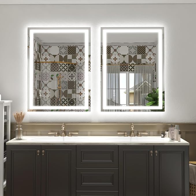 30 x 30 Lighted LED Bathroom Mirror for Wall, Square Vanity Mirror with Lights, Dimmable, Anti-Fog, Shatter-Proof, Memory, ETL Listed (Front Lights + Backlit)